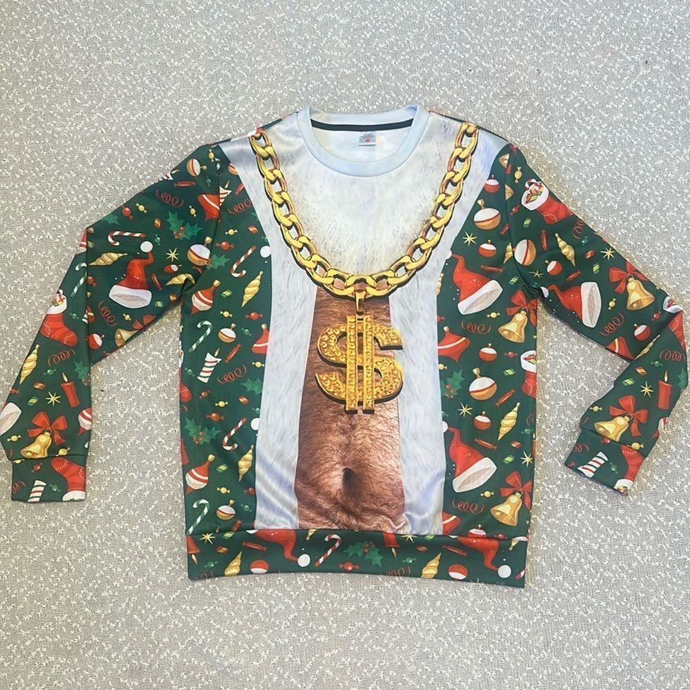 UGLY CHRISTMAS SWEATER Sweatshirt Hairy Gold Chain MEDIUM